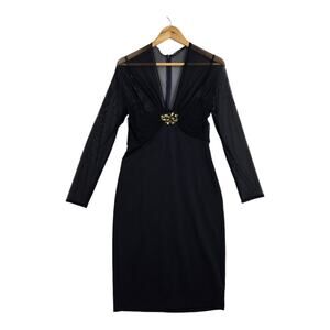 Tadoshi Shoji Midi Dress Sz M Navy Blue V-Neck Jewels Embellished Formal *READ*